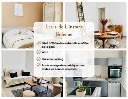 un collage de photos d'une chambre et d'un salon dans l'établissement L'Instant Bohème - Parking - Proche gare & Wifi, à Sainte-Savine