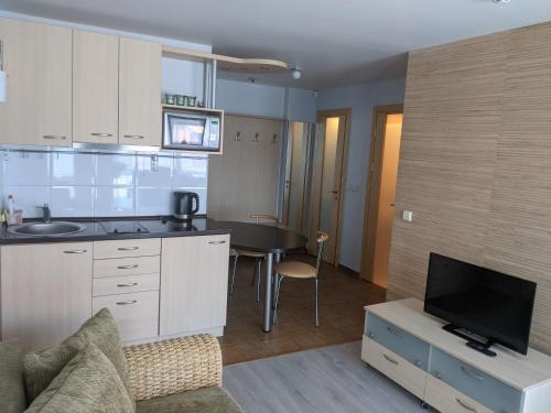 a kitchen and living room with a table and a tv at Taikos 7 in Nida