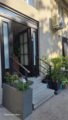 a front door of a building with stairs and potted plants at Maries apartment in Tbilisi City
