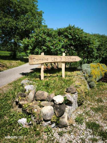 a wooden sign sitting in the middle of a road at Domaine Les Trois Biches in Groisy