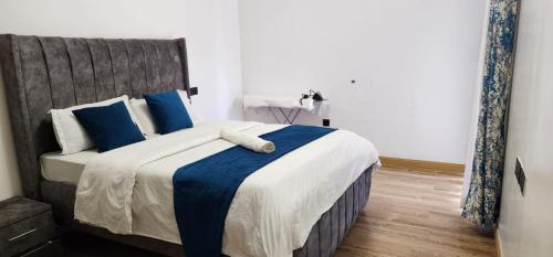a bedroom with a large bed with blue pillows at Ella Homes in Nairobi