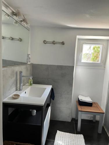 une salle de bain avec un lavabo et un miroir dans l'établissement Maison de charme avec piscine, à Trans-en-Provence