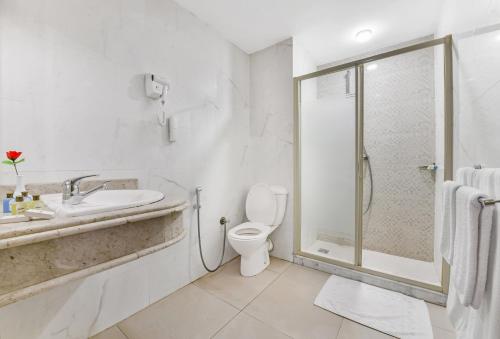 a bathroom with a shower and a toilet and a sink at Aura Inn Tiba Pyramids Hotel in Giza