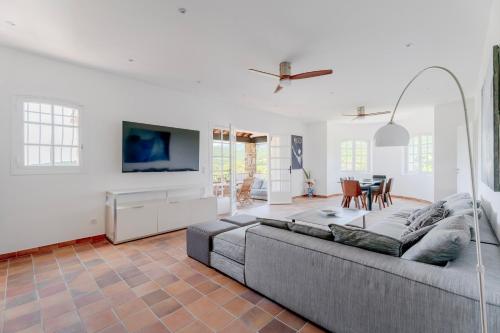 un salon avec un canapé et une télévision dans l'établissement Sublime villa provençale 5 chambres avec piscine, à La Croix-Valmer