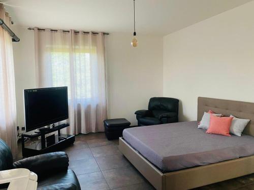 a bedroom with a bed and a tv and a chair at Tenuta Oasi del cavallo in Sommacampagna