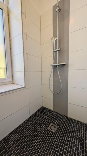 une douche avec un tuyau dans une salle de bain dans l'établissement Gîte Colin-Maillard, à Vals-les-Bains