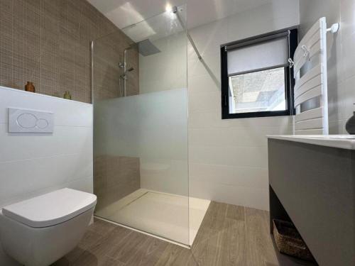 une salle de bain avec toilettes et douche en verre dans l'établissement TheView, piscine et sauna, au Puy-en-Velay