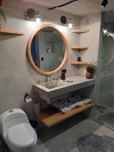 a bathroom with a sink and a toilet and a mirror at Luxury Casa Árbol Amazing View in Jaibalito