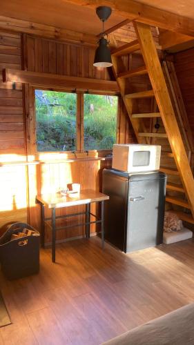 a kitchen with a refrigerator and a table in a cabin at Hrách a lusk in Pňovany