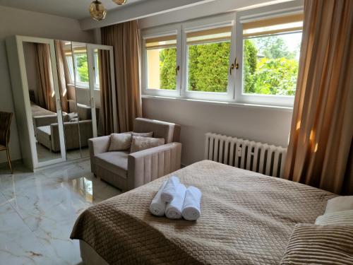 a hotel room with a bed and a chair and windows at Apartament Golden Rose in Kłodzko