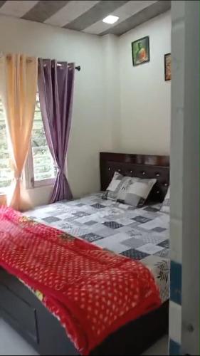 a bedroom with a large bed with purple curtains at KK Shah Ji Home Stay in Patwa Dunga