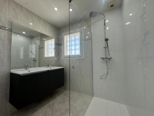 une salle de bain avec une douche et un lavabo et une douche dans l'établissement Balcon de compostelle, à Espaly-Saint-Marcel