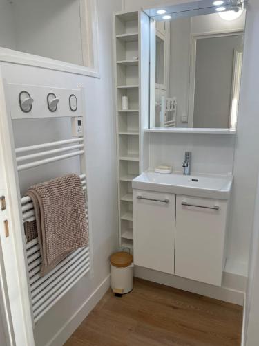 une salle de bain blanche avec un lavabo et un miroir dans l'établissement Arcachon centre, à Arcachon