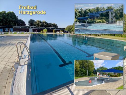 a collage of photos of a swimming pool at Harzschlösschen in Harzgerode