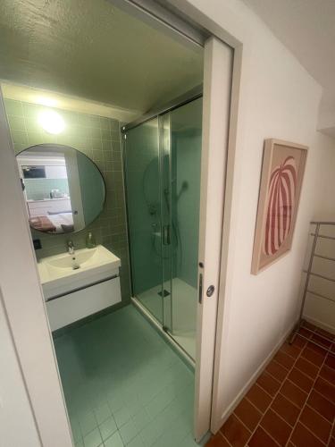 une salle de bain avec une douche en verre et un lavabo dans l'établissement Studio La Croisette Cannes La Croix d'Or, à Cannes