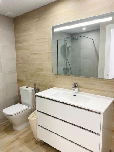 Un baño con lavabo, inodoro y espejo. en Delícies Mar apartamento, en Sant Carles de la Ràpita