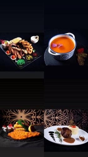 a collage of pictures of food and a bowl of soup at Hotel Malvina in Sînnicolau Mare
