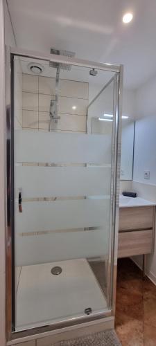 une douche avec une porte vitrée dans une pièce dans l'établissement Studio proche Capitole - Terrasse - Wifi - TV, à Toulouse