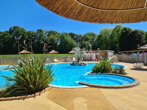 - une piscine dans un complexe avec des plantes dans l'établissement Mobilhome tout confort 4 pers 2 chambres N10 Camping Paradis Le Pouldu, à Clohars-Carnoët