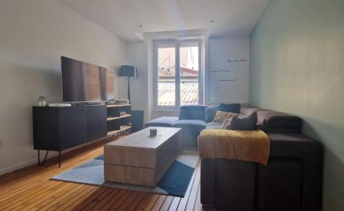a living room with a couch and a tv at Magnifique appartement avec terrasse au centre Epinal in Épinal