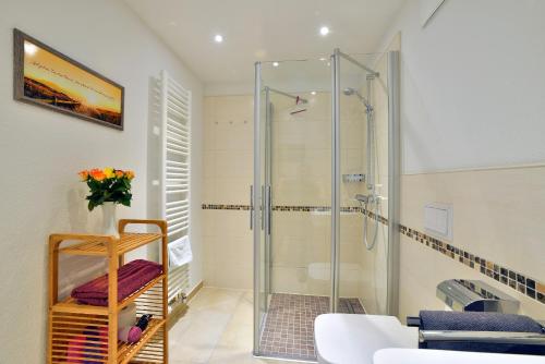 ein Bad mit einer Dusche mit einer Duschkabine aus Glas in der Unterkunft Ferienwohnung Meeresblick in Juliusruh