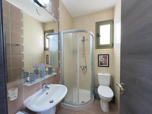 a bathroom with a shower and a toilet and a sink at Near the sea Danaos 2 nice 2bd, 2bath sea view in Paphos City