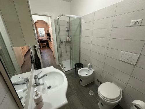 a bathroom with a sink and a toilet and a shower at Le Cicale in Casal Palocco