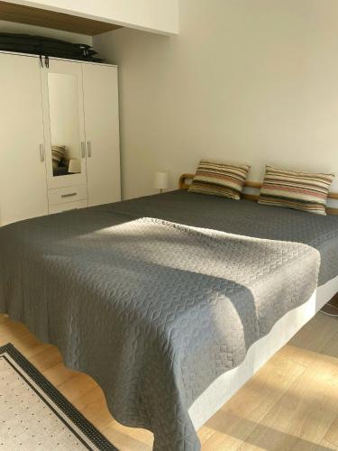 a bedroom with a large bed and white cabinets at New Summer House In Fuglslev With Wilderness Bath in Ebeltoft