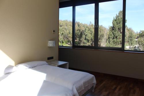 a bedroom with a white bed and large windows at Villa Calamocarro in Ceuta
