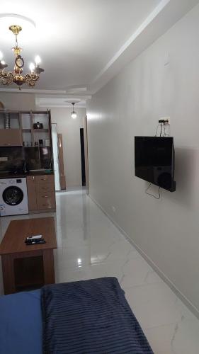 a living room with a television on a white wall at Bina 90 in Itʼkhvisi