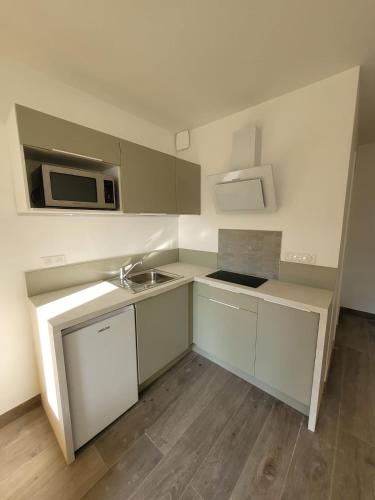 une petite cuisine avec un évier et un micro-ondes dans l'établissement Studio Saint Georges de Didonne, à Saint-Georges-de-Didonne