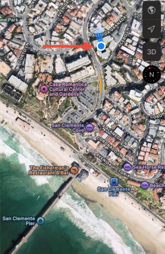 a map of the approximate location of the surf club and cottage at Cozy Modern Beach Bungalow! Steps to the Beach! in San Clemente