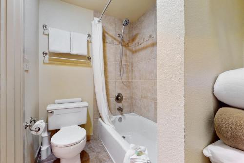 a bathroom with a toilet and a bath tub at Lake Chelan Shores The Lake Escape 3 1 in Chelan