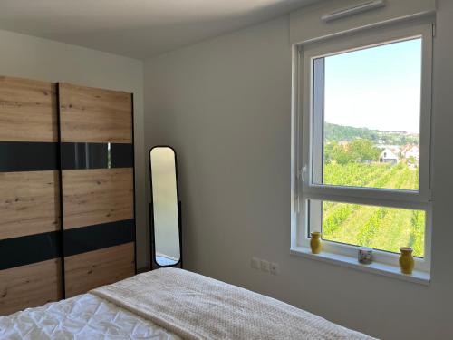 une chambre avec un lit et une grande fenêtre dans l'établissement La Terrasse du Vignoble - Garage et parking privatifs, à Barr