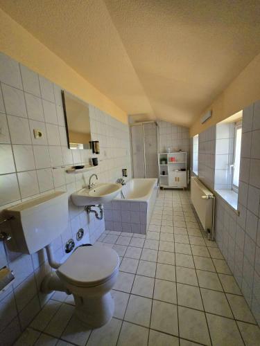 a bathroom with a toilet and a tub and a sink at Waldhotel & Restaurant Stieglitzenkrug in Feldberg