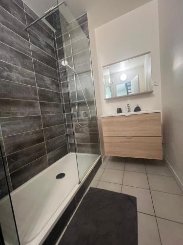 une salle de bain avec une douche en verre et un lavabo dans l'établissement La Française - 85m2, à Vierzon