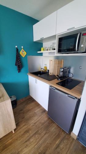une cuisine avec un évier et un micro-ondes dans l'établissement studio agréable à 2 pas du centre ville, à Vannes