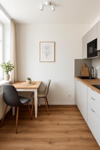 a kitchen with a table and chairs in a room at SuperNova Apartments in Brno