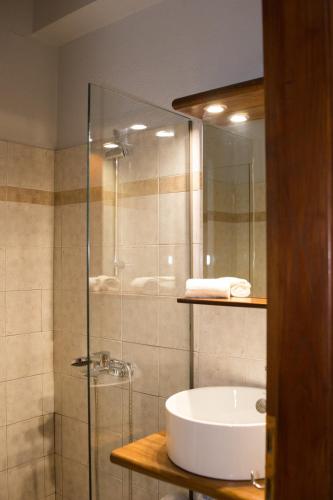 a bathroom with a sink and a glass shower at Φιλυρέα Apartments - Room 4 in Zagora