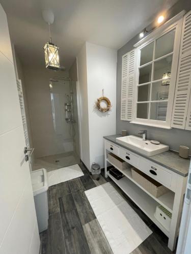 une salle de bain blanche avec un lavabo et une douche dans l'établissement Les rudali NewPort, à Chambon