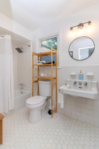 a bathroom with a toilet and a sink and a mirror at Serene Walkable Fam Stay w/Toys! in Columbus