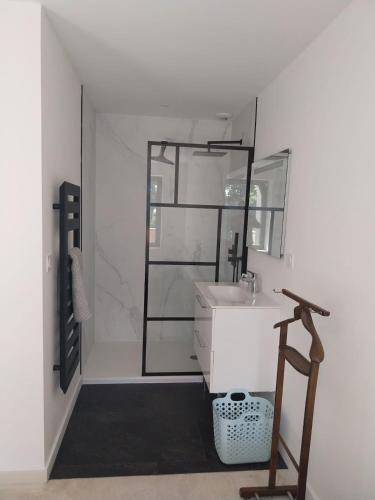 une salle de bain avec un lavabo et une douche en verre dans l'établissement Maison moderne proche de la gare de Vannes, à Saint-Avé