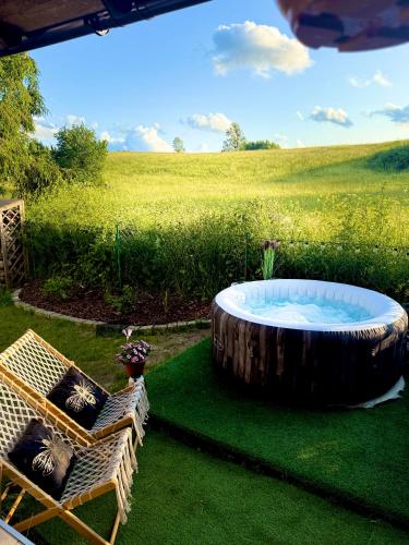 a large tree stump sitting in the grass with a hot tub at Bezdroża Mazurskie in Mrągowo