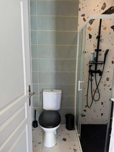 une salle de bain avec toilettes et douche dans l'établissement Cannes Casa Pierra Apartment, à Cannes