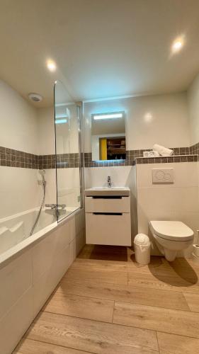 une salle de bain avec toilettes, lavabo et douche dans l'établissement 9 - Seigneurie Fouquet - Pesmacody, au Palais