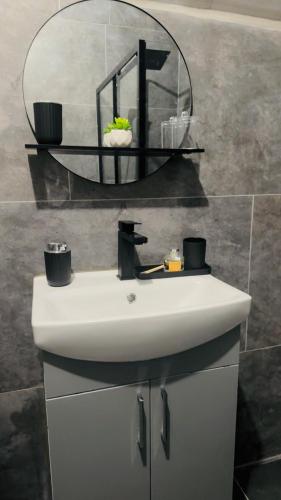 a bathroom with a sink and a mirror on the wall at Brits-Halley Luxury Apartments in Annfield Plain