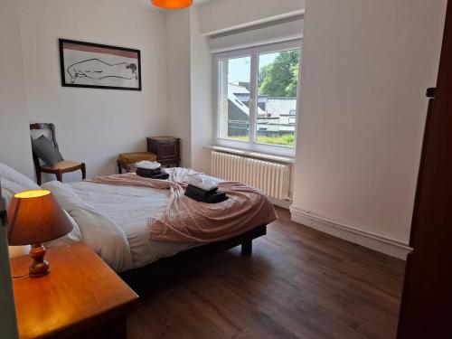 une chambre avec un lit, une table et une fenêtre dans l'établissement Grande maison spacieuse pour 9 personnes, à Saint-Brieuc