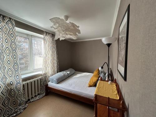 een kleine slaapkamer met een bed en een raam bij Apartment on Knyahyni Ol'hy Street in Rivne