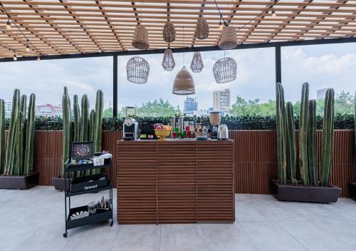 a restaurant with cactuses and a bar in a building at Cicerón 612 Aparthotel Polanco in Mexico City