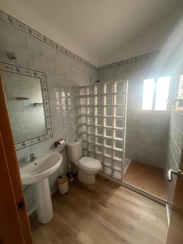 a bathroom with a white toilet and a sink at La Casica Vieja in Albujón